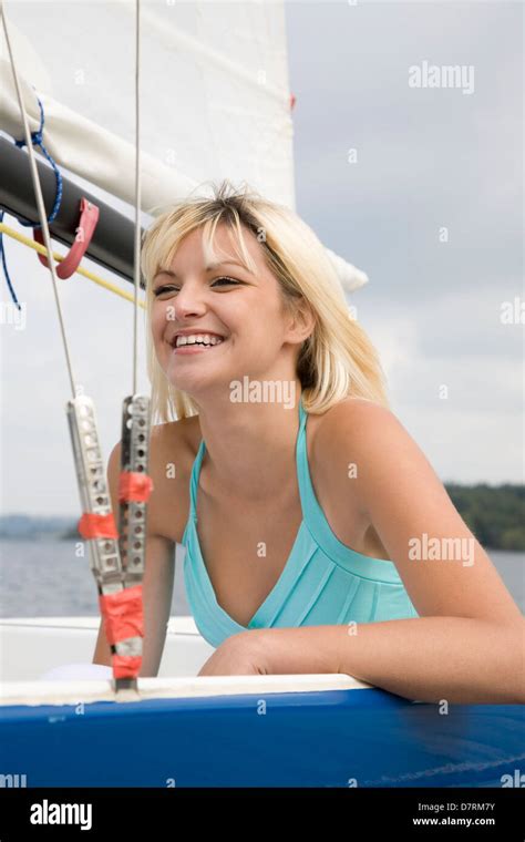 Sailboat Woman Blond Laugh Smile Smiling Happy Portrait Stock