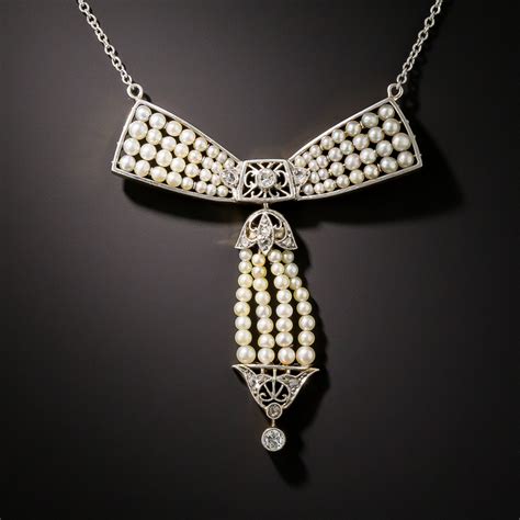 Edwardian Natural Pearl And Diamond Bow Necklace