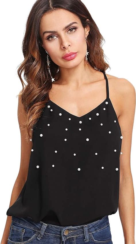 Verdusa Womens V Neck Pearl Embellished Cami Top Black S At Amazon