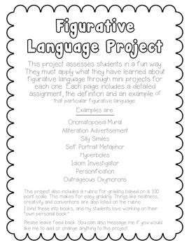 Figurative language occurs when the writer's words have deeper meaning than the literal language. This project assess students in a fun way. They must apply ...