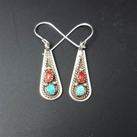 Vintage Turquoise And Coral Teardrops With Argentium Earwires Etsy