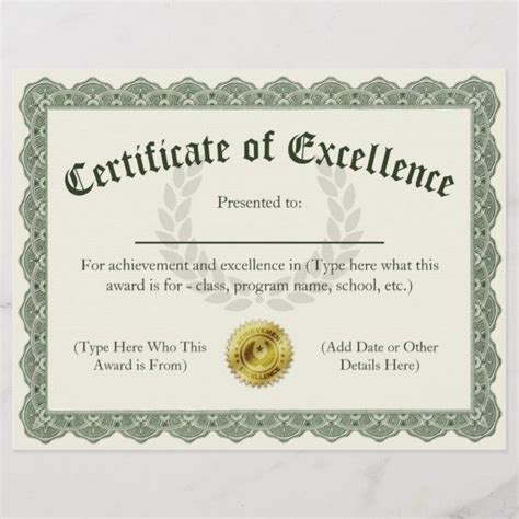 Certificate Of Excellence Customizable 85x11 Student T Idea