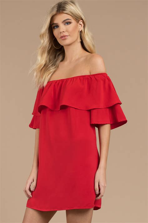 Trendy Red Shift Dress Off Shoulder Dress Red Fold Over Dress 33