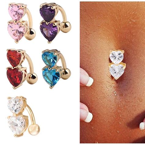 1pcs Gold Body Piercing Women Sexy Navel Barbell Two Hearts Button Navel Ring Reverse Crystal