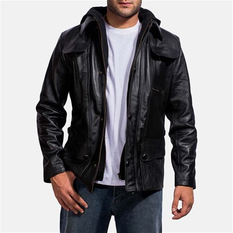 Mens Moulder Hooded Black Leather Jacket