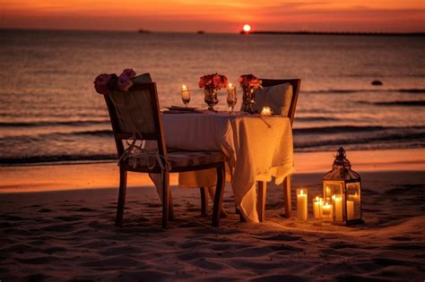 Premium Photo Romantic Dinner Setting On The Beach At Sunset