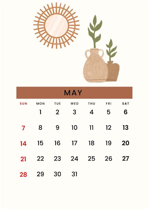 A Calendar For May With A Potted Plant And Sun In The Sky On It