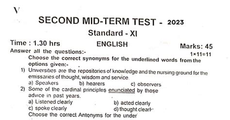 11th English Second Mid Term Test Question Paper Answer Key 2023