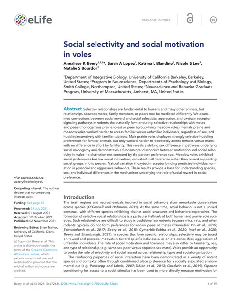 Pdf Social Selectivity And Social Motivation In Voles