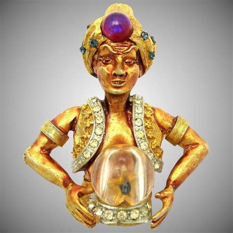 Rare Signed Har Genie Fortune Teller With Crystal Ball Figural Brooch