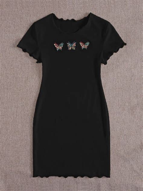 Shein Qutie Butterfly Embroidered Lettuce Edge Rib Knit Bodycon Dress