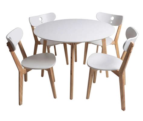 Ensemble 1 table et 4 chaise Blanc laqué et Bois naturel Dina