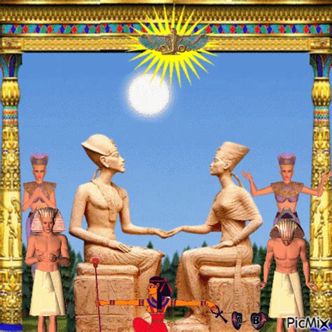an image of two men shaking hands in front of some egyptian statues with the sun above them