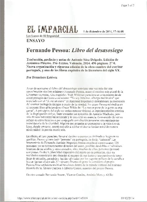 El presente libro digital es compartido gratuitamente porque cumple con los términos de la sección 302, del título 17 del código de los estados unidos sobre derechos de autor. Fernando Pessoa Libro del desasosiego | Francisco Estévez ...