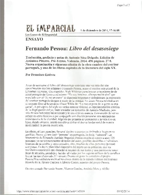 La rúbrica de la sección 2.ª del capítulo iv del título ii del libro segundo de la ley 36/2011, de 10 de octubre, reguladora de la jurisdicción social, queda redactado del siguiente modo: Fernando Pessoa Libro del desasosiego | Francisco Estévez - Academia.edu