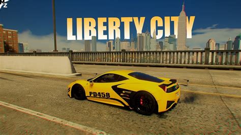 A Yellow Sports Car Driving Down A Street Next To A Tall Cityscape With