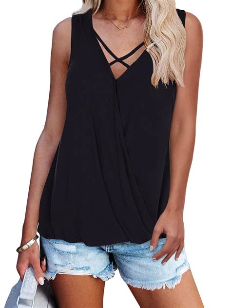 Buy Pinkmstyle Front Wrap Deep V Neck Tank Tops For Women Summer Sleeveless Shirts Blouses Black