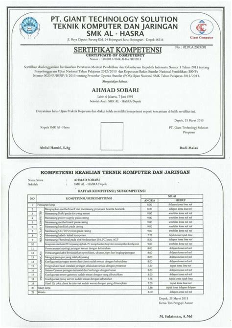 Format Contoh Sertifikat Uji Kompetensi Tingkat Smk Terbaru Dan