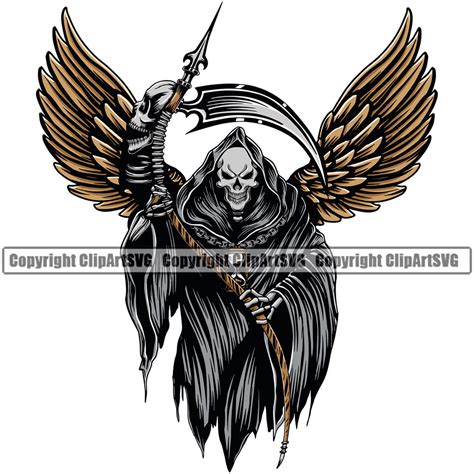 Skull Skeleton Holding Grim Reaper Color Wings Sickle Design Element