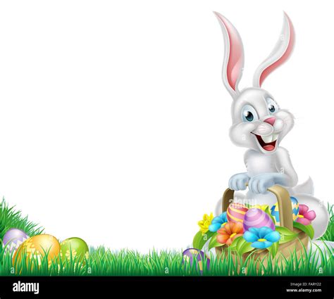 Cartoon Easter Scene White Easter Bunny With A Basket Full Of