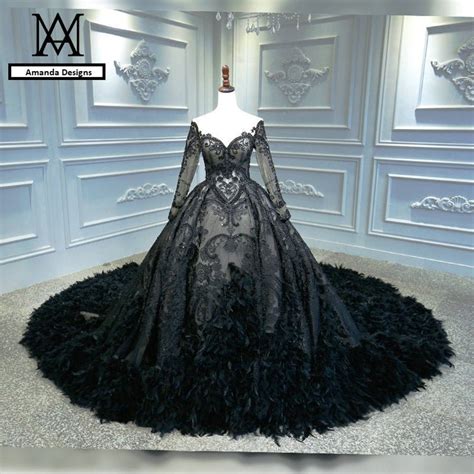 gothic long sleeve off shoulder luxury long train lace wedding dress black unconventional bridal