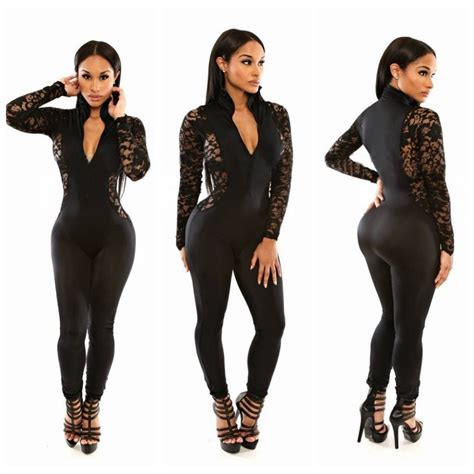 Sexy Deep V Black Lace Long Sleeve Bodycon Jumpsuit Tight Rompers