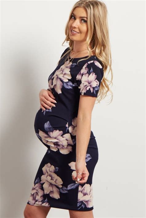 Pinkblush Navy Blue Watercolor Floral Fitted Maternity Dress Fitted Maternity Dress Maternity