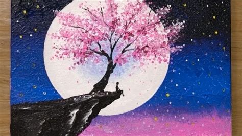 Cherry Blossom Under Moonlight Painting For Beginners Youtube