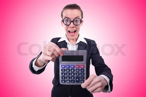 Nerd Female Accountant With Calculator Stock Image Colourbox