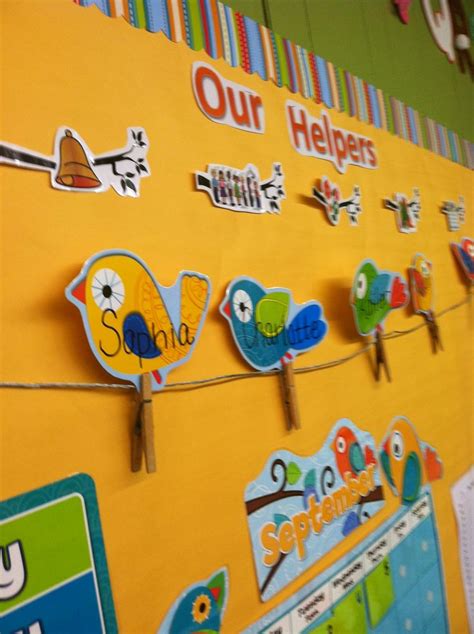 Try these fun kindergarten arts and crafts with your child. "Birds on a Wire" helper chart for preschool. So cute (at ...