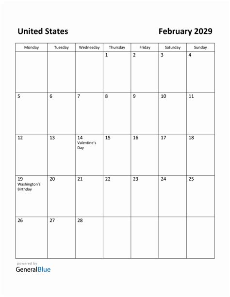 Free Printable February 2029 Calendar For United States