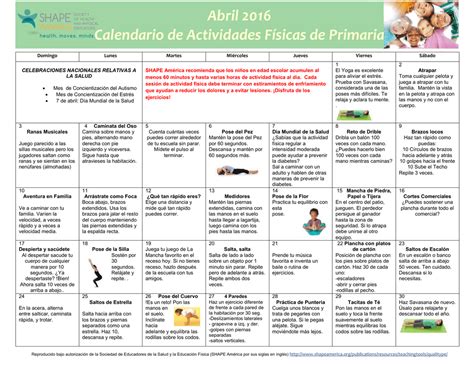 Abril 2016 Calendario De Actividades Físicas De