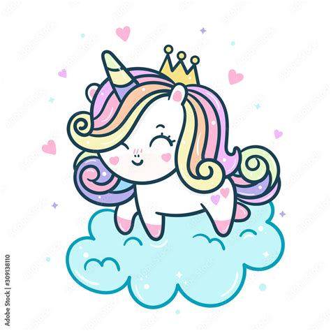 Cute Pony Vector Princess Unicorn Cartoon On Cloud Kawaii Animal