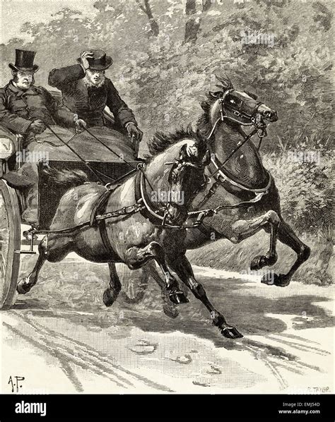 Galloping Horses With Carriage Victorian Woodcut Engraving Dated 1890