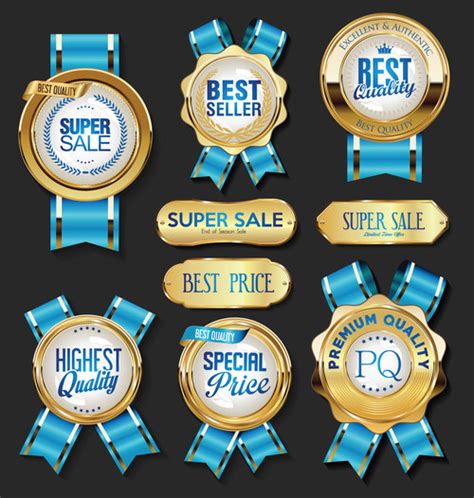 Golden Badge Label And Blue Ribbon Vector Free Download