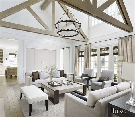 Transitional White Great Room With Custom Coffee Table Luxe Interiors