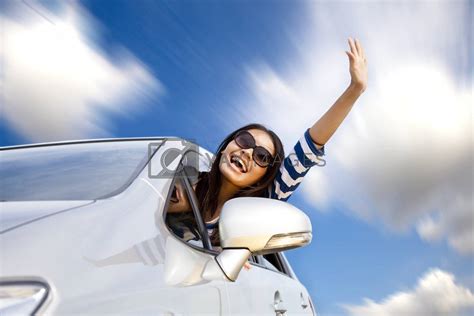 Happy Young Woman In Car Driving On The Road By Tomwang Vectors