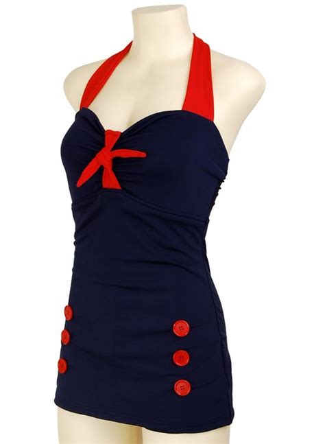 Bow Front Navy Blue Vintage Pin Up Rockabilly Womens Swimsuit Swimwear