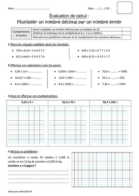 Multiplier Un Nombre Décimal Par Un Nombre Entier Cm1 Bilan Pass