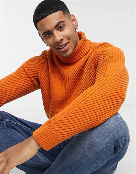 Only And Sons Thick Ribbed Roll Neck Jumper In Orange Asos