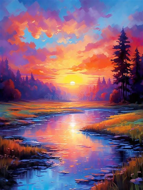 Sunset Sunrise Lake Landscape Stock Illustration Illustration Of