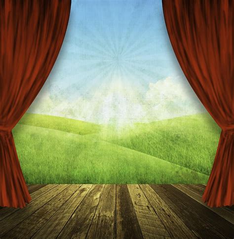 Theater Stage With Red Curtains And Nature Background Painting