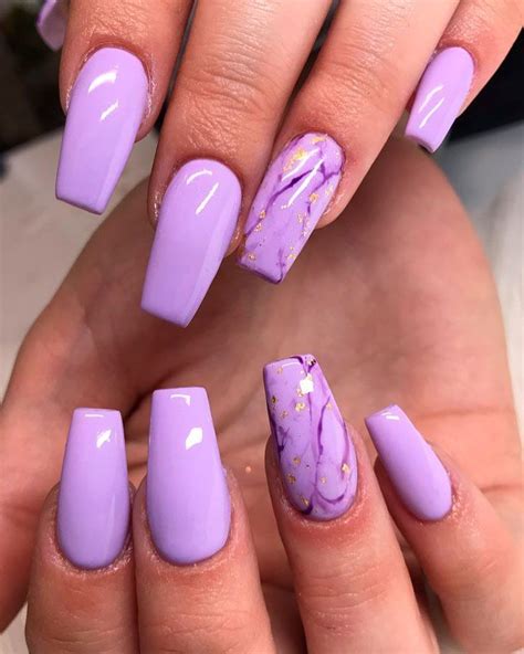 Cute Light Purple Coffin Nails Long With Glitter Accent Marble Nail