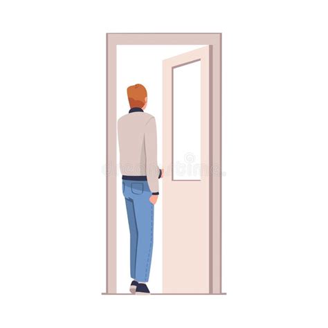 Man Character At Open Door Leaving Home Going Out Vector Illustration