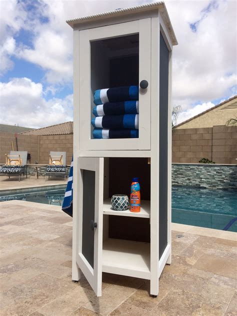 It includes a chaise lounge, two chairs, the three. Ana White | Poolside Towel Cabinet from Benchmark Cabinet Plan - DIY Projects | Pool towels ...