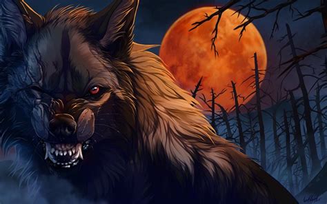 Herunterladen 4k Wut Wolf Wald Nacht Fantasie Kunst Predator