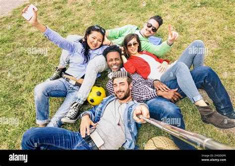 Multiracial Best Friends Taking Selfie At Meadow Picnic Happy Friendship Fun Concept With