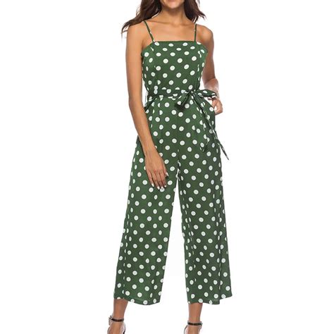 New Pockets Polka Dot Jumpsuits Women Sleeveless Spaghetti Strap Boho