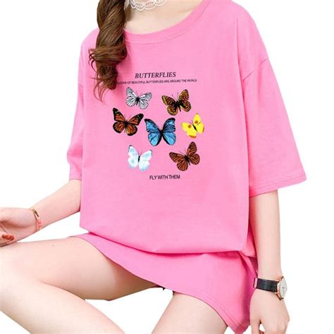 O Neck Casual Summer Rose Pink Women T Shirt Harajuku Print Beautiful Colorful Butterfly Loose