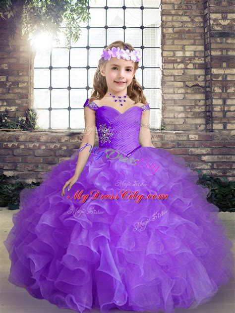 Floor Length Purple Pageant Dress For Teens Organza Sleeveless Beading